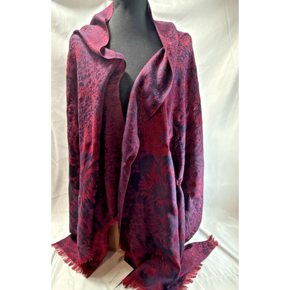 Modern Expressions 70" Scarf Drape Burgundy Blue Floral Fringed 27" Wide